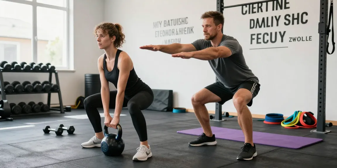 Persoonlijke training in Zwolle met personal trainer, gefocuste client en fitnessapparatuur in rustige gym.