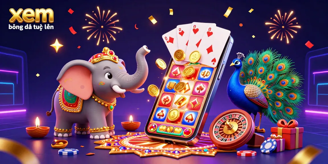 xem bóng đá trực tuyến in a vibrant 3D gambling scene showcasing a cartoon elephant and rich game elements.