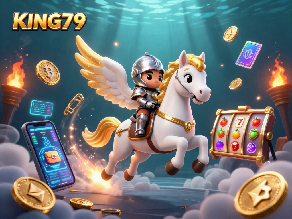 Bet on KING79 with a vibrant cosmic theme, featuring a celestial horse and crypto elements.