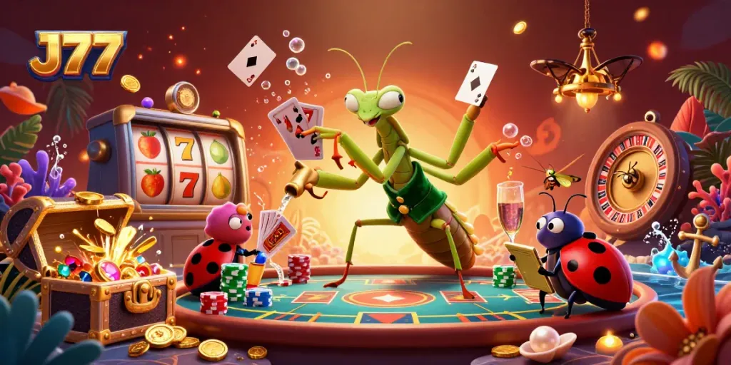 Experience exciting casino action with J77 featuring a giant mantis and ladybug in a vibrant scene.