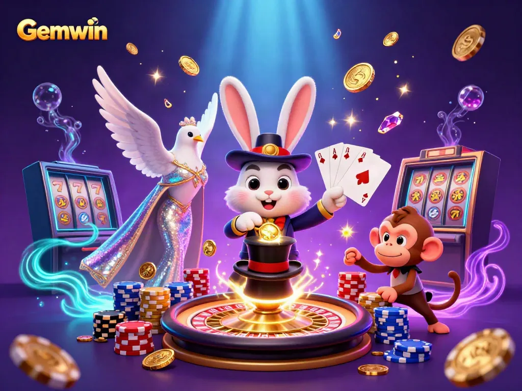 Gemwin's vibrant casino scene featuring enchanting characters amidst glowing coins and roulette action.