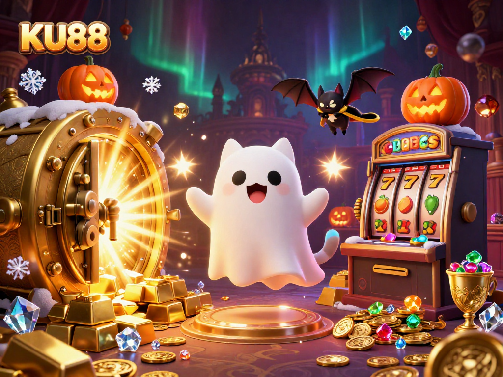 Celebrate KU88 with a vibrant scene of a ghost cat and spooky elements in a casino