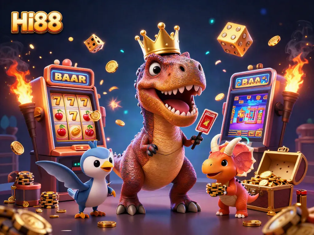 HI88 friendly T-Rex shuffling cards as baby triceratops stacks chips in vibrant casino scene.