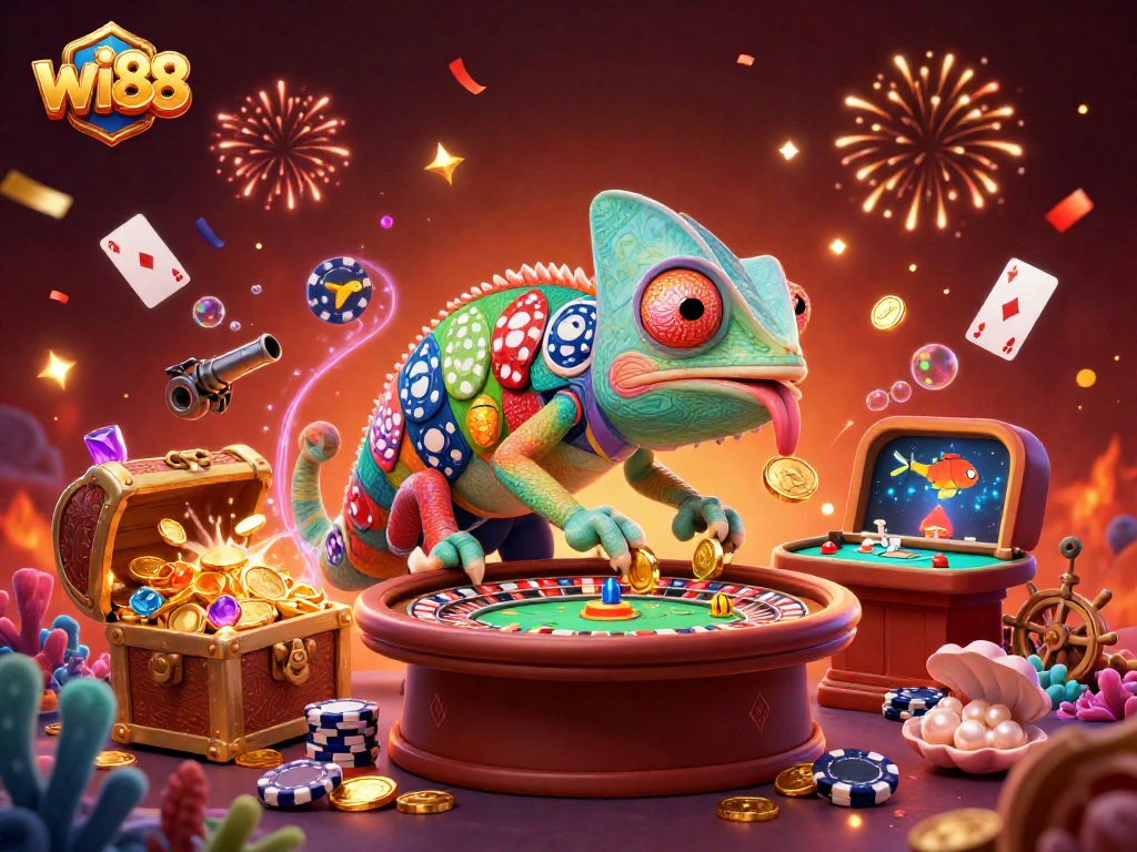 Win big at wi88 with our dynamic casino experience illustrated in a colorful 3D scene.