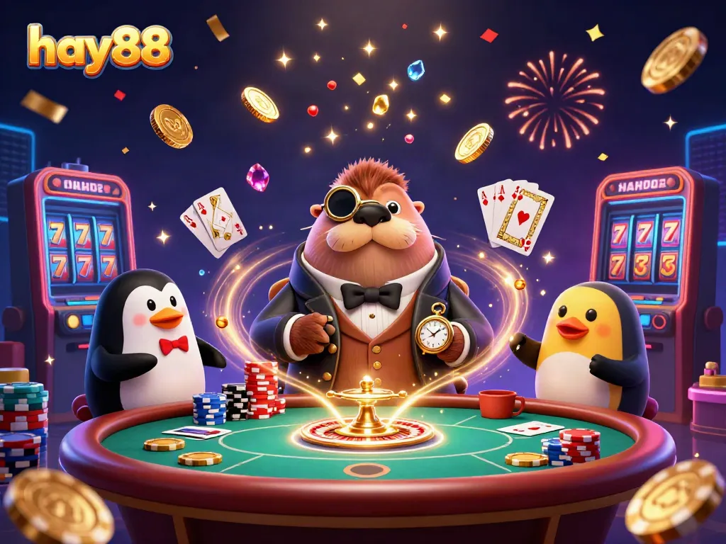 Experience the excitement of online gambling with hay88's underwater casino featuring a walrus, penguin dealer, and bluffing pufferfish.
