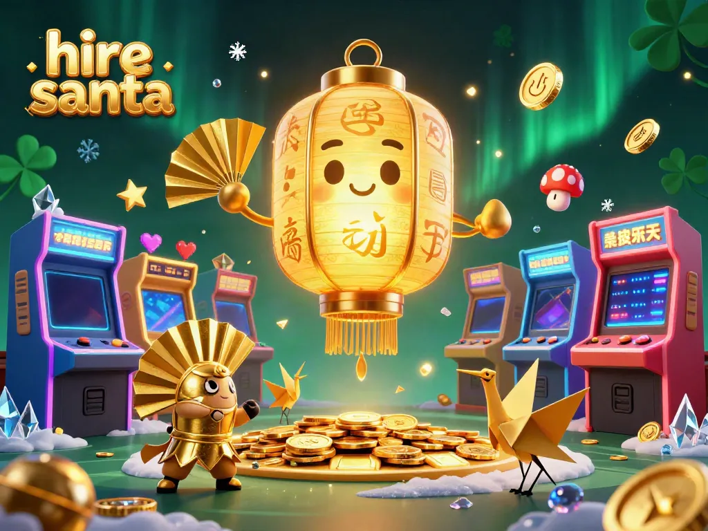 Hire Santa for a magical casino event, featuring a golden lantern spirit and vibrant game elements.