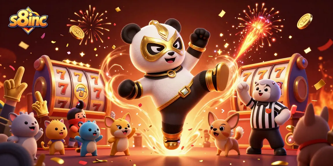 Experience thrilling gameplay at s8inc with an energetic 3D illustration of a panda wrestler kicking amidst vibrant casino elements.