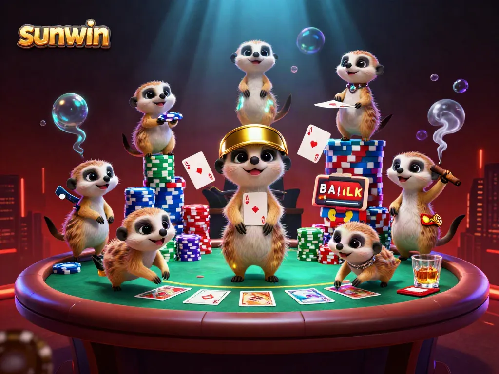 Sunwin meerkats managing a vibrant casino scene with poker excitement.
