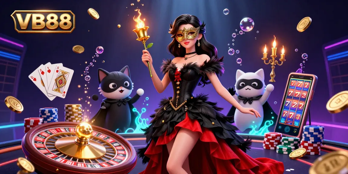 Experience the thrill of VB88 with a stunning casino scene showcasing vibrant game elements and characters.