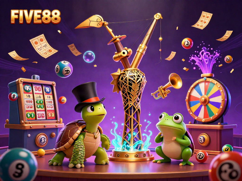 Engage with FIVE88’s vibrant online casino world, featuring colorful lottery balls and dynamic gaming elements.