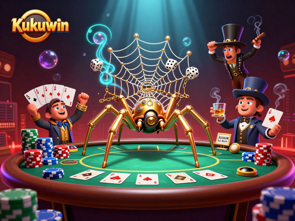 Kukuwin depicts a steampunk spider ensnaring dice in an elaborate casino web, amidst vibrant poker elements.
