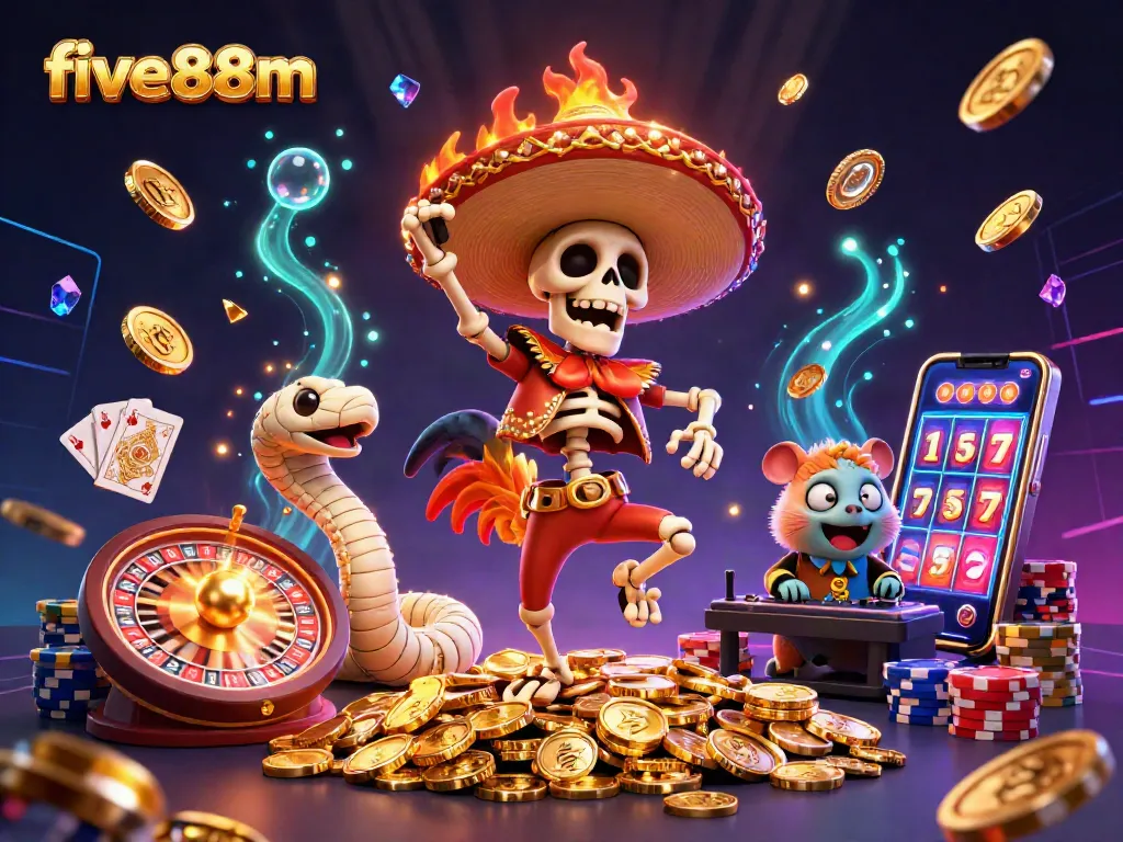 Join the action at five88m, featuring a vibrant casino scene with a mariachi rooster and golden coins!