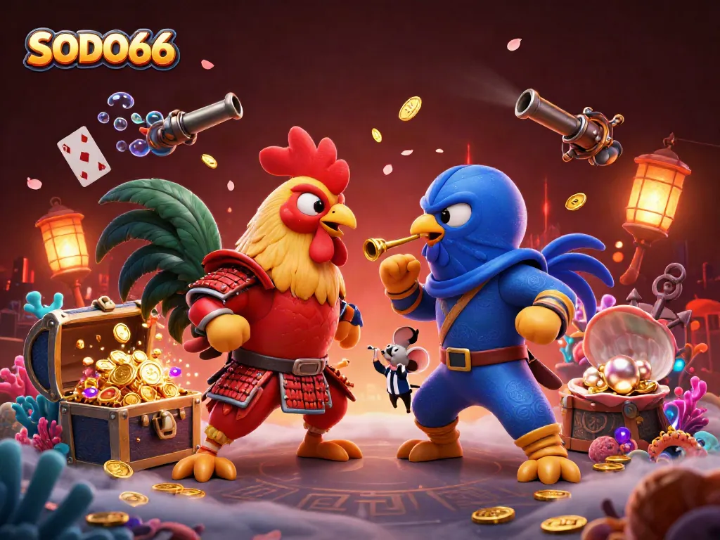 SODO66 brings excitement to life with a duel of cartoon roosters battling amidst cosmic treasures.