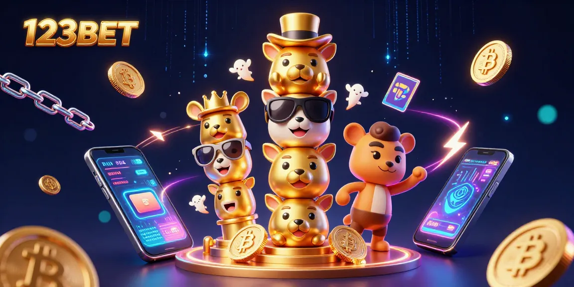 Engage with 123BET through a vibrant, rich 3D casino illustration featuring a golden totem and crypto elements.