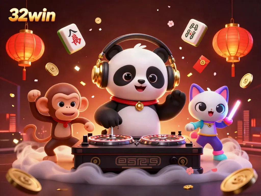 Experience 32win's vibrant gaming scene with dynamic characters and casino elements in stunning 3D