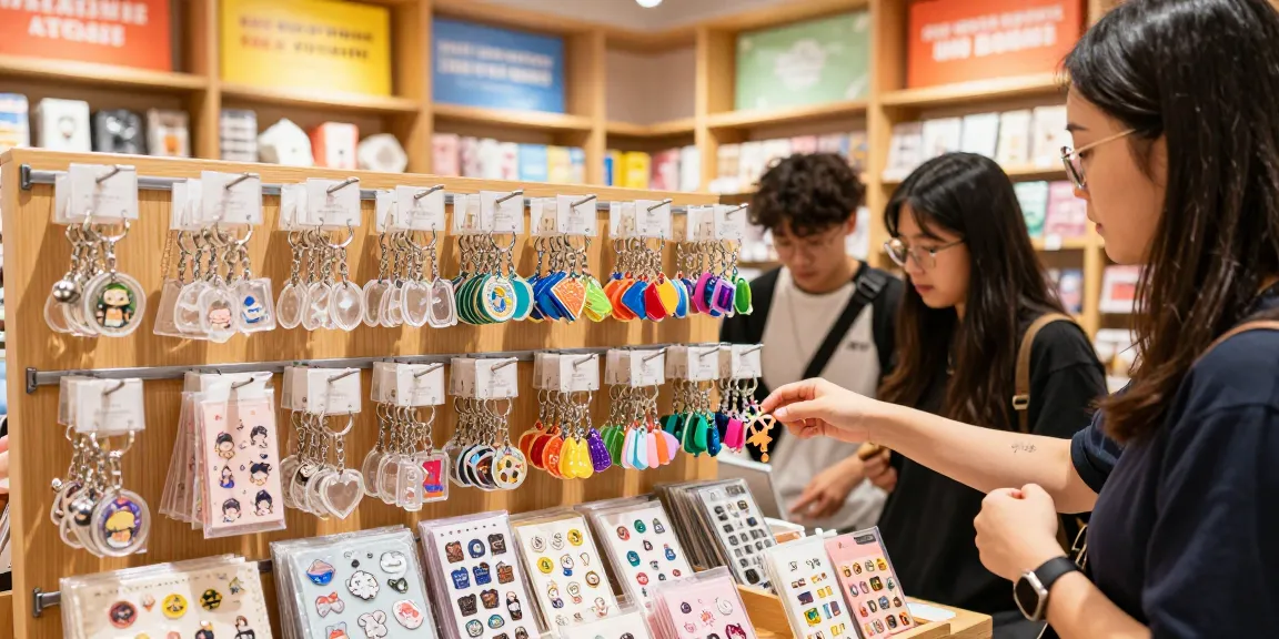 Custom keychains displayed in a vibrant retail setting with customers selecting unique designs.