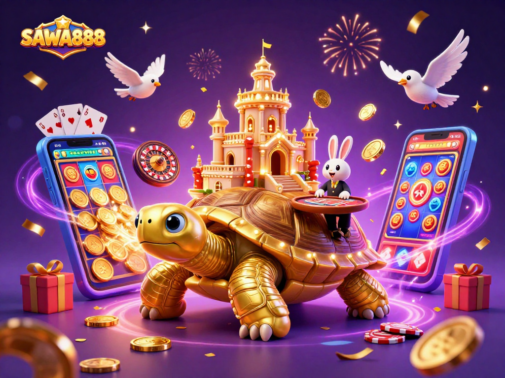 Experience the excitement of SAWA888 with a vibrant 3D scene of gaming action featuring a golden tortoise and a rabbit dealer.