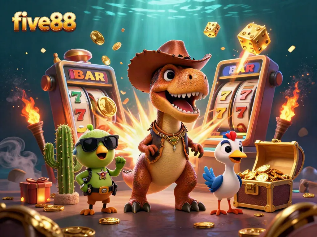 Experience dynamic gaming action with five88's vibrant 3D casino illustration featuring slots and excitement.