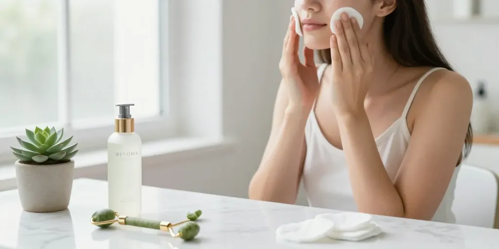 Vrouw die Byoma milky toner aanbrengt in lichte badkamer, omringd door huidverzorgingsproducten.