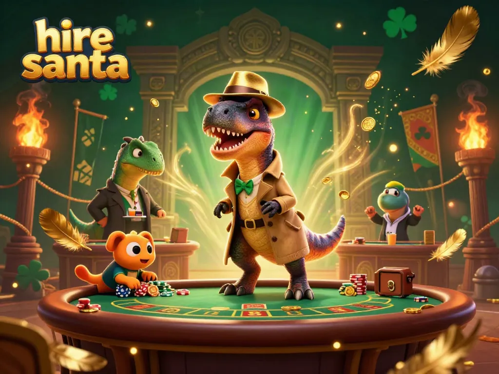 Hire Santa as a casino character in a lively blackjack scene with playful dinosaurs.