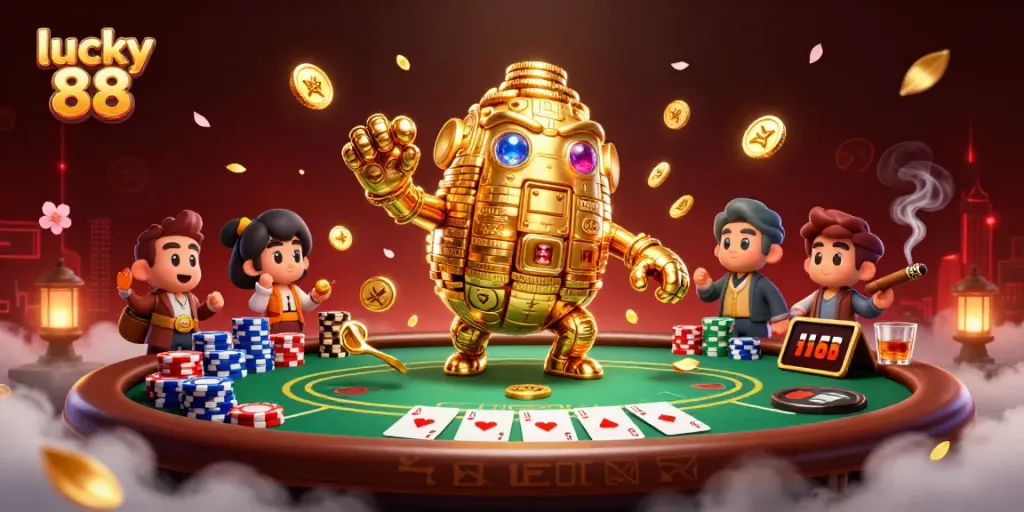 Engage with the lively character of lucky 88, a golden golem amidst dynamic poker and casino elements.