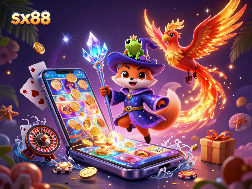 Experience exciting gaming moments with sx88's magical and colorful illustration showcasing a wizard fox, phoenix, and vibrant casino elements.