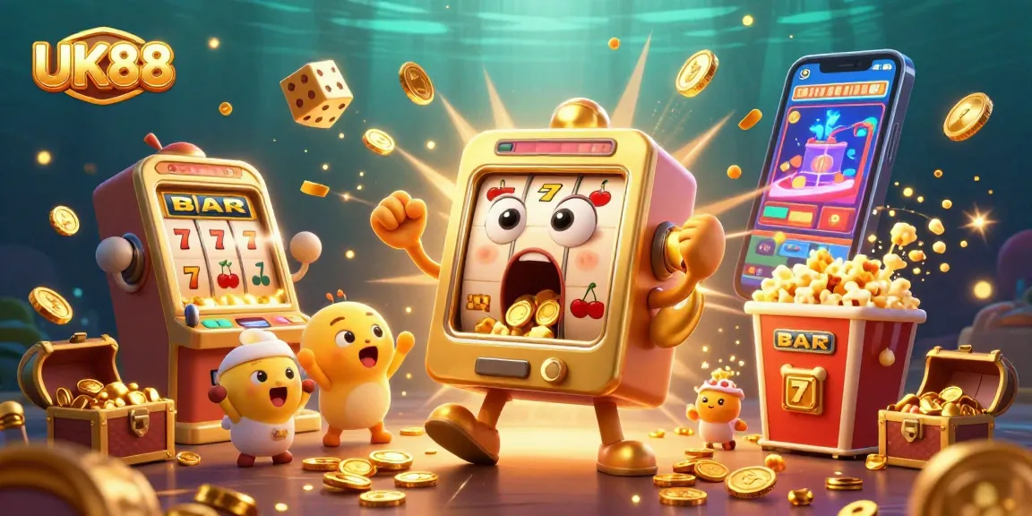 Celebrate UK88's jackpot victories with this vibrant 3D illustration featuring dynamic slot machines and gaming excitement.