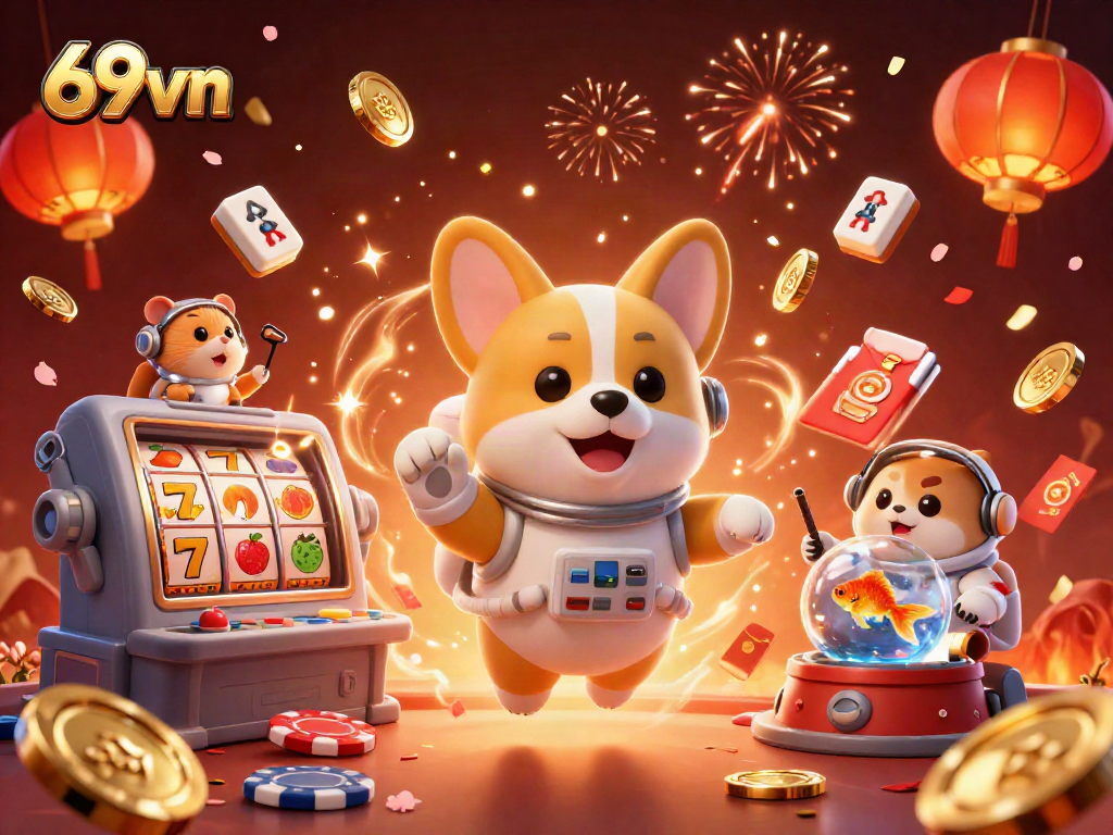 Experience exciting gaming at 69vn with vibrant slots, poker chips, and immersive space-themed elements.