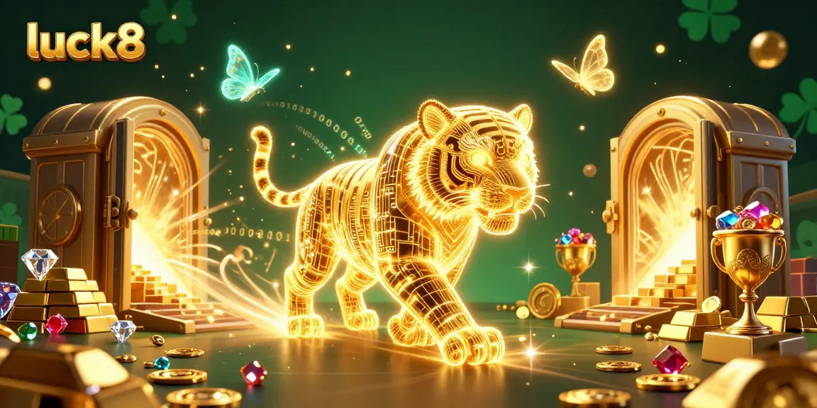 Experience the thrill of luck8 in this vibrant digital casino scene featuring a neon tiger and treasure.