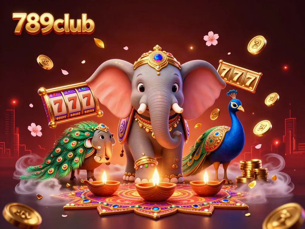 Engage in fun with 789club featuring a vibrant scene of a playful elephant and peacock amidst casino elements.