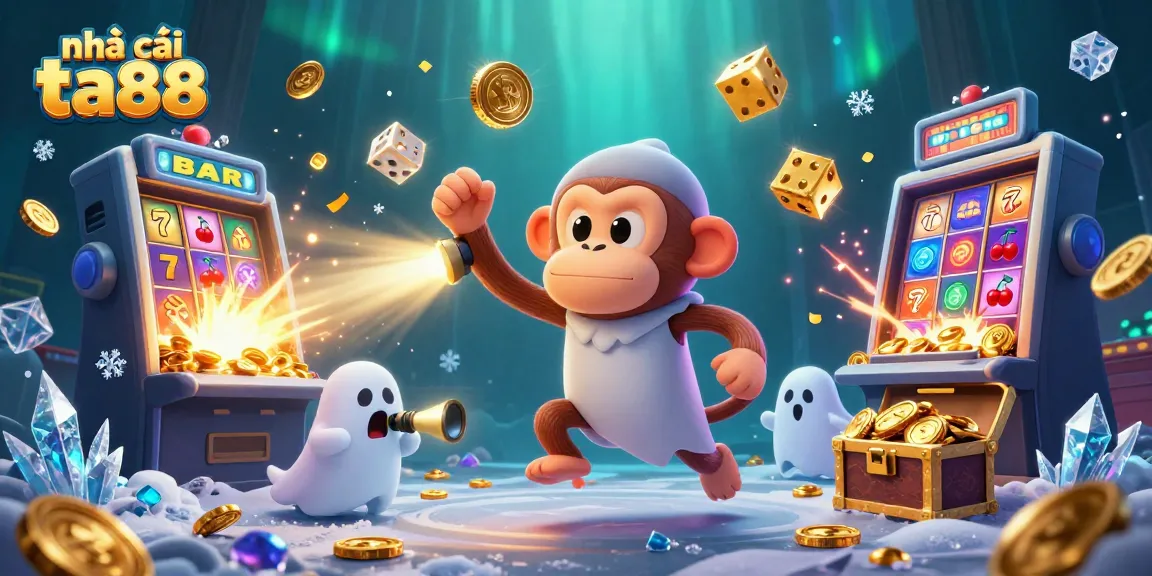 Engage with nhà cái ta88 featuring a playful ghost monkey and an inquisitive puppy in a vibrant casino scene.
