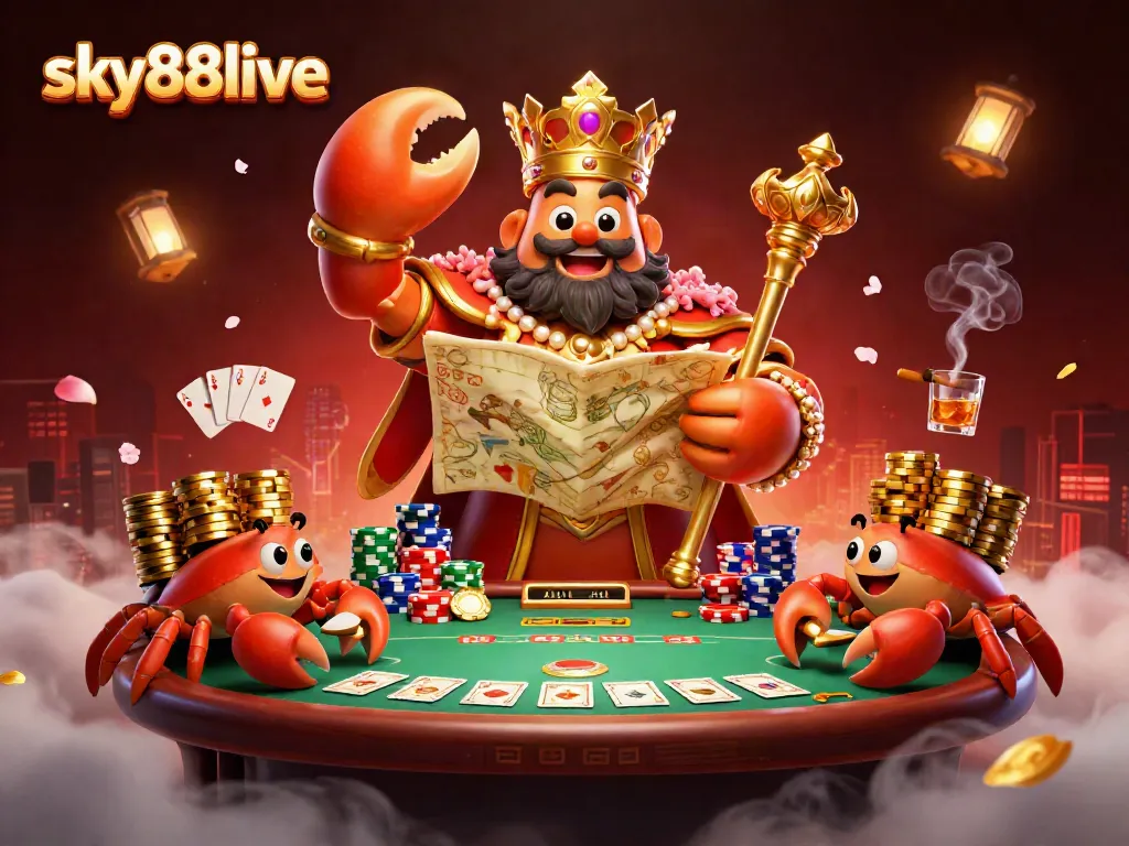 Join the excitement at sky88live with a golden crab emperor ruling the poker scene