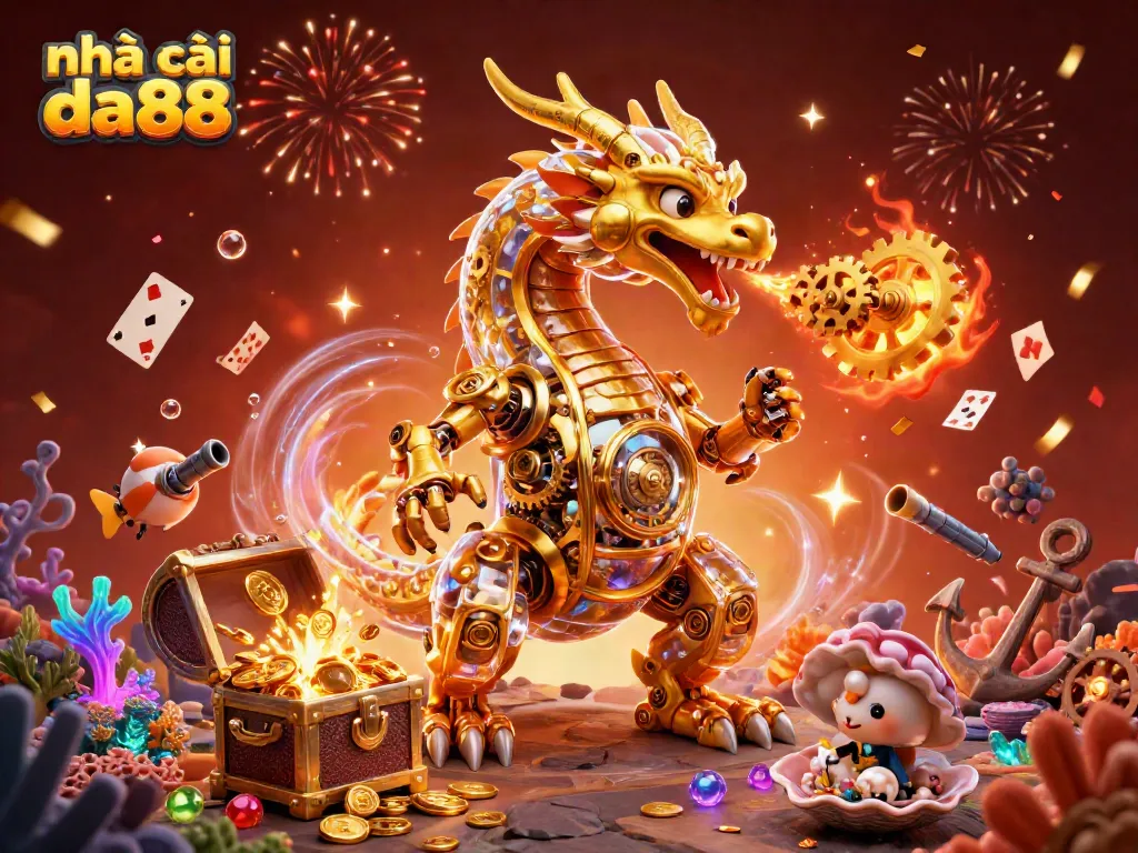 Engage with nhà cái da88 in a dynamic scene of a golden dragon amidst casino treasures and vibrant elements.