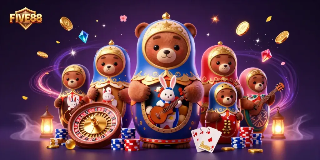 Experience the vibrant casino world at FIVE88 with 3D bears, roulette, and glowing gems.
