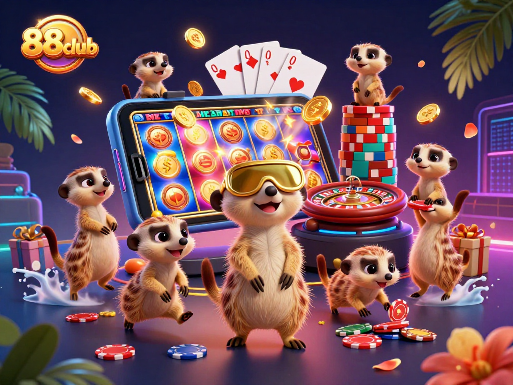 Engage in thrilling games at 88club with a dynamic meerkat casino scene showcasing action and excitement.