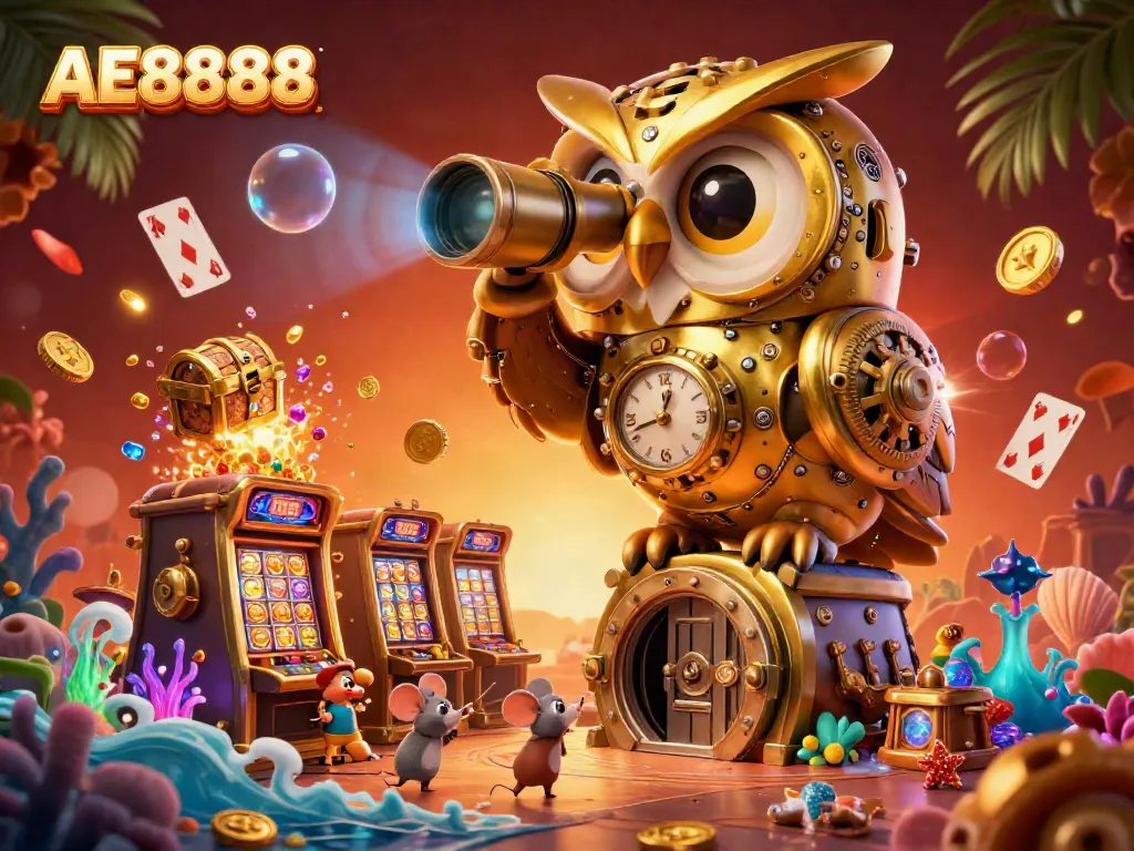Spin the reels with AE8888's vibrant casino, featuring treasures and 3D illustrated characters amidst excitement.
