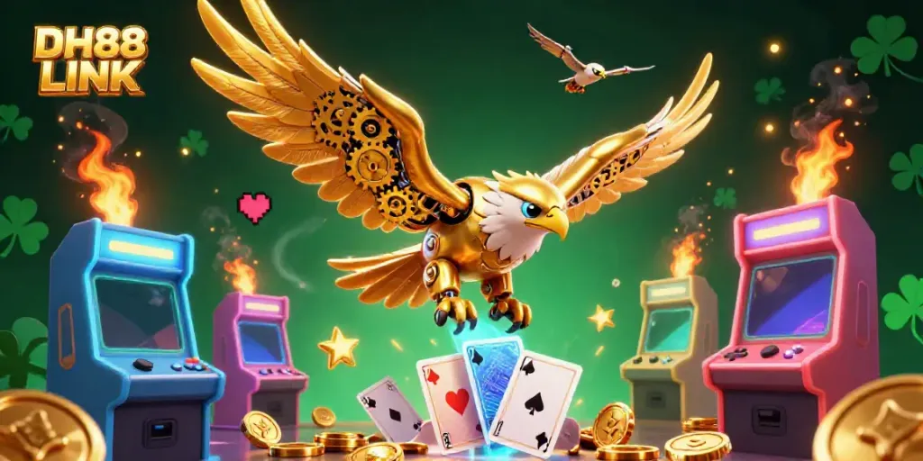 Engage with DH88 LINK in this dynamic 3D illustration featuring a cybernetic eagle amidst holographic cards and vibrant gaming elements.