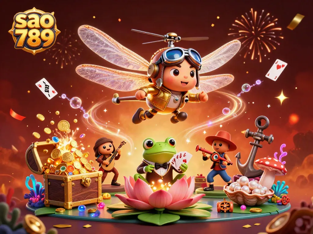 Experience thrilling gameplay at sao 789 with a vibrant dragonfly pilot and energetic frog croupier amidst a colorful casino.