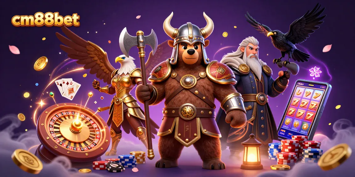 Experience thrilling gaming at cm88bet with a vibrant illustration of a Viking bear and Valkyrie eagle surrounded by casino elements.
