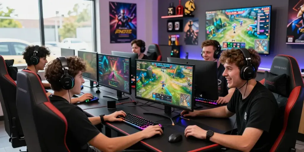 Para gamer terlibat dalam sesi permainan live streaming di platform tisu4d yang modern dan energik.