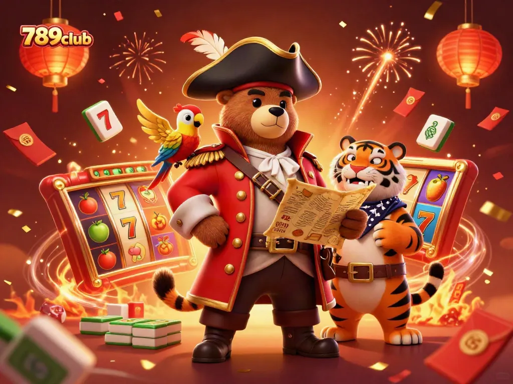 Engage with the dynamic 789club casino adventure through a vibrant scene featuring a bear pirate, tiger first mate, and celebratory gambling symbols.
