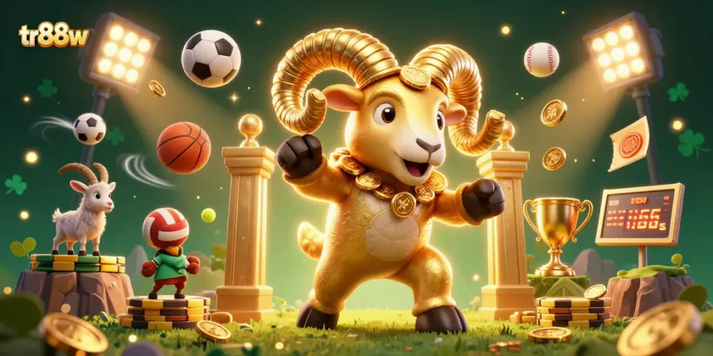 Win big at tr88w with a dynamic 3D casino scene featuring a golden ram amidst exciting sports elements.