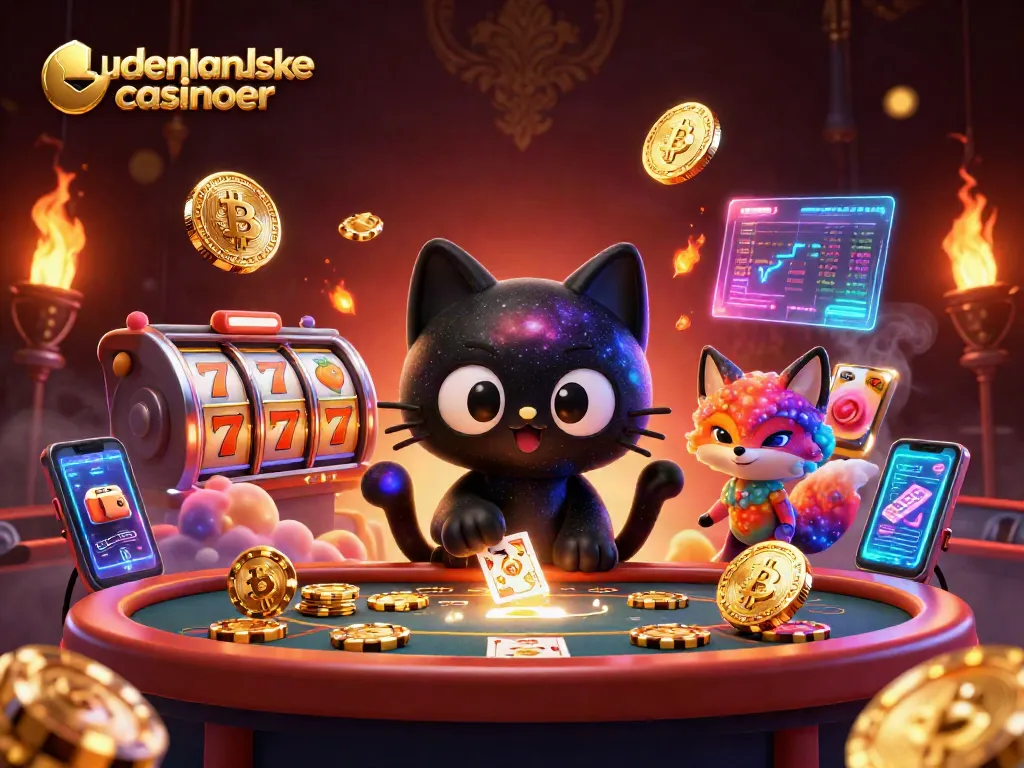 Experience udenlandske casinoer with a vivid cosmic scene of a black hole cat and a nebula fox at a casino table.