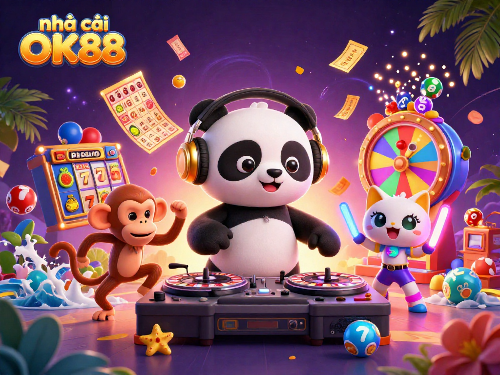 Experience excitement at nhà cái OK88 with a vibrant 3D casino scene featuring fun characters and dynamic game elements.