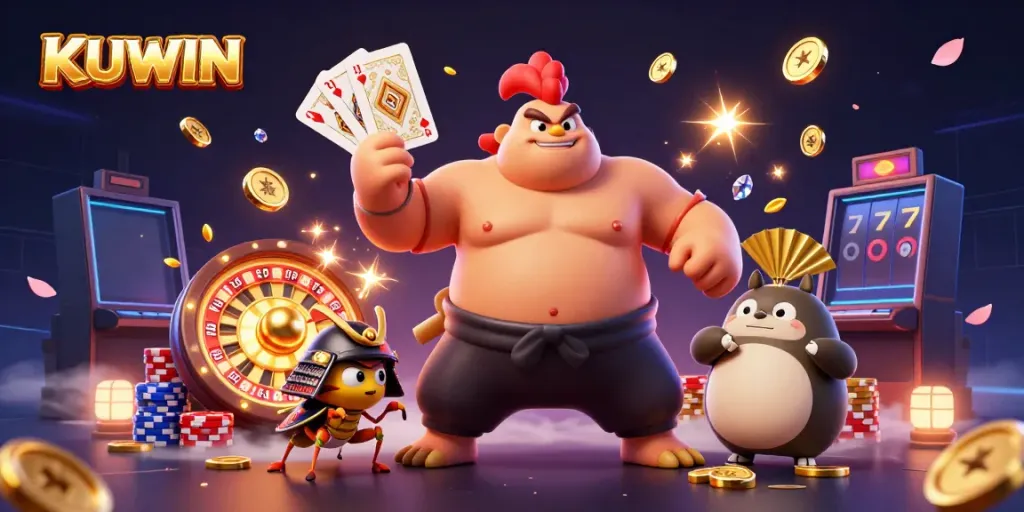 Engage in thrilling casino action with KUWIN featuring a powerful sumo rooster, samurai cricket, and tanuki announcer.