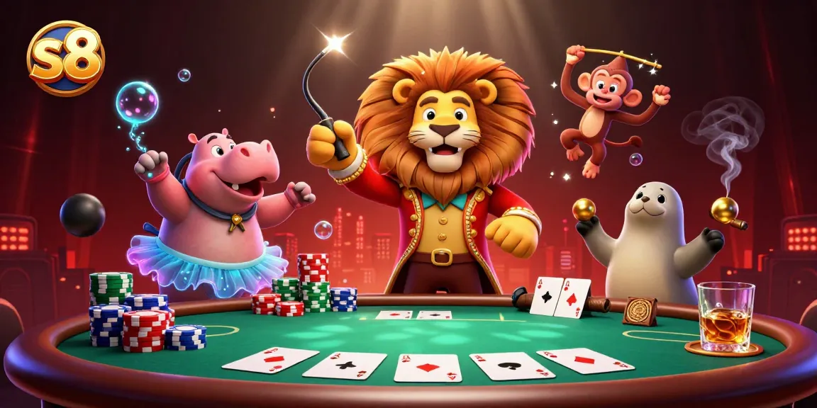 Engaging s8 casino illustration showcasing a vibrant scene with a ringmaster lion, poker elements, and cheerful animals.