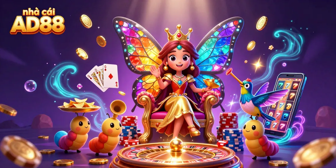 Experience thrilling games at nhà cái AD88 with a magical gaming illustration featuring a butterfly queen, roulette, coins, and poker.