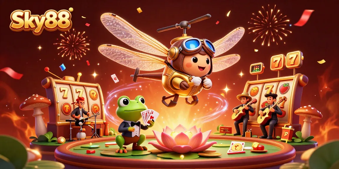 Experience thrilling gameplay with Sky88 as the cartoon dragonfly pilot leads an exciting casino adventure.