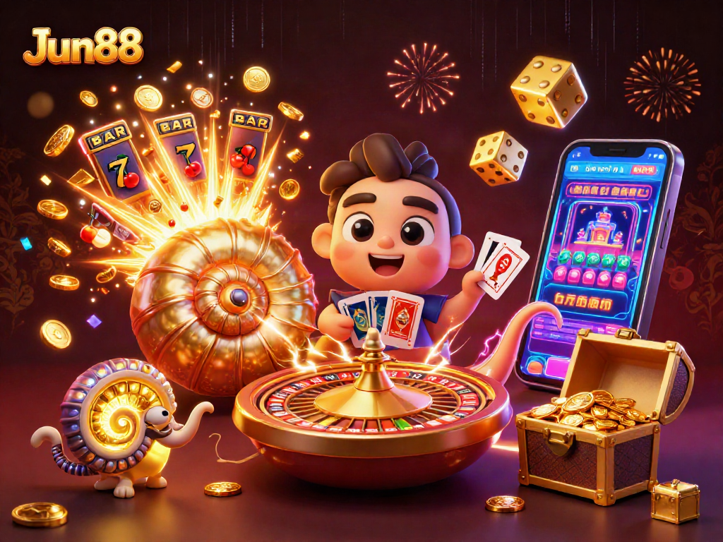 Experience Jun88 with a 3D illustration of a giant nautilus and vibrant casino elements.