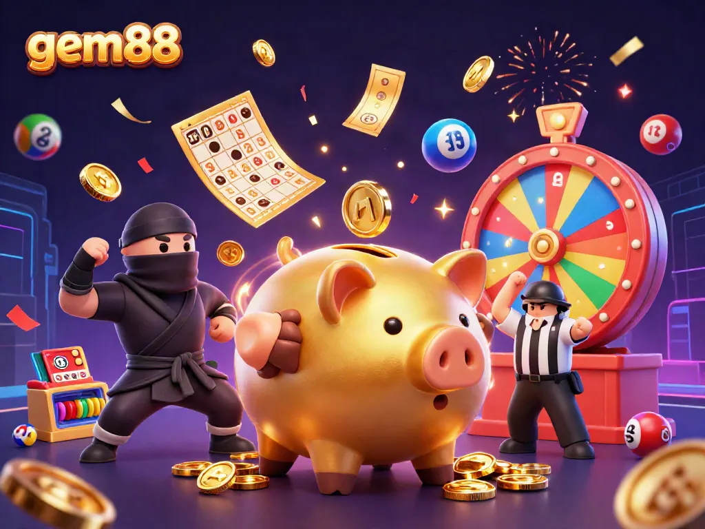 Unleash your luck with gem88's colorful casino scene featuring a golden piggy bank sumo wrestler amidst casino elements.